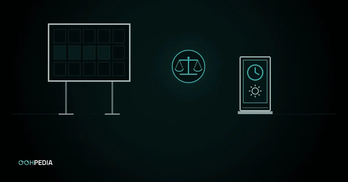 Illustration: Großfläche und digitales City-Light-Poster, dazwischen eine Waage