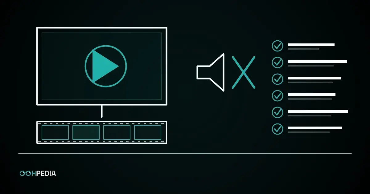 Linienzeichnung: Screen mit Play-Symbol und Filmstreifen, stummgeschalteter Lautsprecher und eine Checkliste mit sechs Punkten