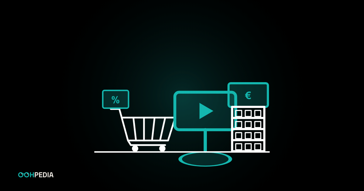 Einkaufswagen mit Cardboard vor einem In-Store-Screen und einem Aufsteller