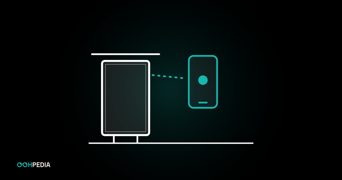 Smartphone in der Hand vor einem City-Light-Poster an einer Haltestelle