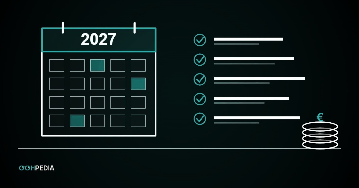 Linienzeichnung: Kalender 2027 neben einer Checkliste mit fünf Punkten und einem Münzstapel